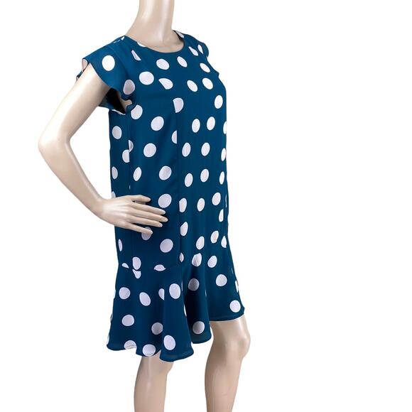 Loft MP Teal Polka Dot Ruffle Hem Shift Dress Sleeveless Petite M Modest - Picture 4 of 7